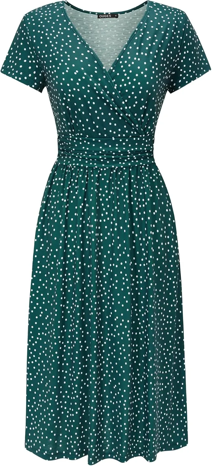 OUGES Women's Summer Short Sleeve V-Neck Floral Short Party Dress with Pockets