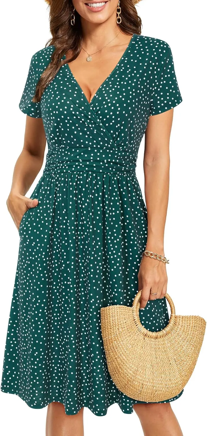 OUGES Women's Summer Short Sleeve V-Neck Floral Short Party Dress with Pockets
