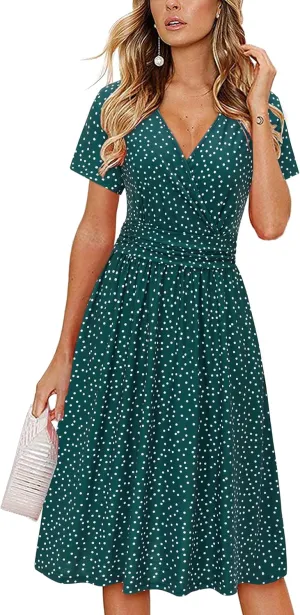 OUGES Women's Summer Short Sleeve V-Neck Floral Short Party Dress with Pockets