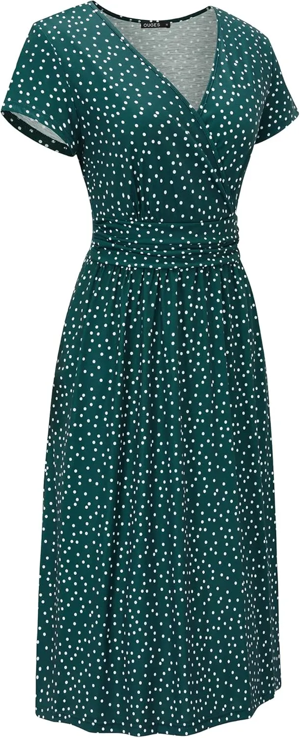 OUGES Women's Summer Short Sleeve V-Neck Floral Short Party Dress with Pockets