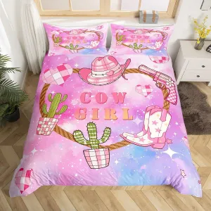 Pink Cowgirl Full Size Duvet Cover Set,Western Cowboy Hat Boots Print Reversible Comforter Cover with 2 Pillowcases,Purple Blue Starry Nebula Galaxy Breathable Bedding Set (Not Comforter)