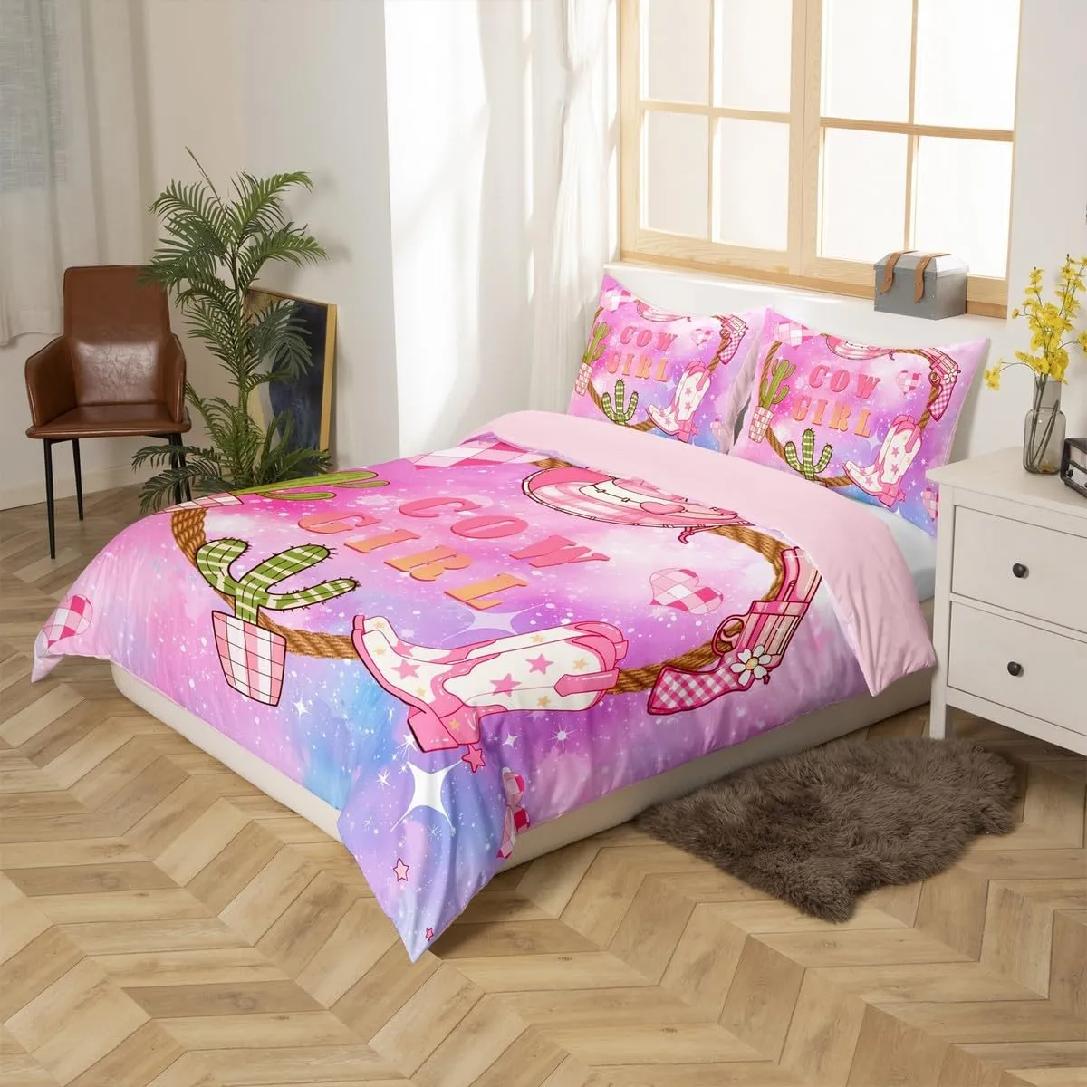 Pink Cowgirl Full Size Duvet Cover Set,Western Cowboy Hat Boots Print Reversible Comforter Cover with 2 Pillowcases,Purple Blue Starry Nebula Galaxy Breathable Bedding Set (Not Comforter)