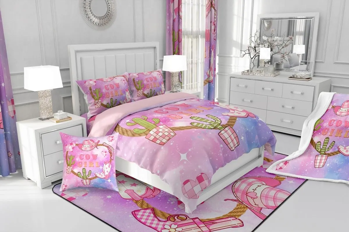Pink Cowgirl Full Size Duvet Cover Set,Western Cowboy Hat Boots Print Reversible Comforter Cover with 2 Pillowcases,Purple Blue Starry Nebula Galaxy Breathable Bedding Set (Not Comforter)