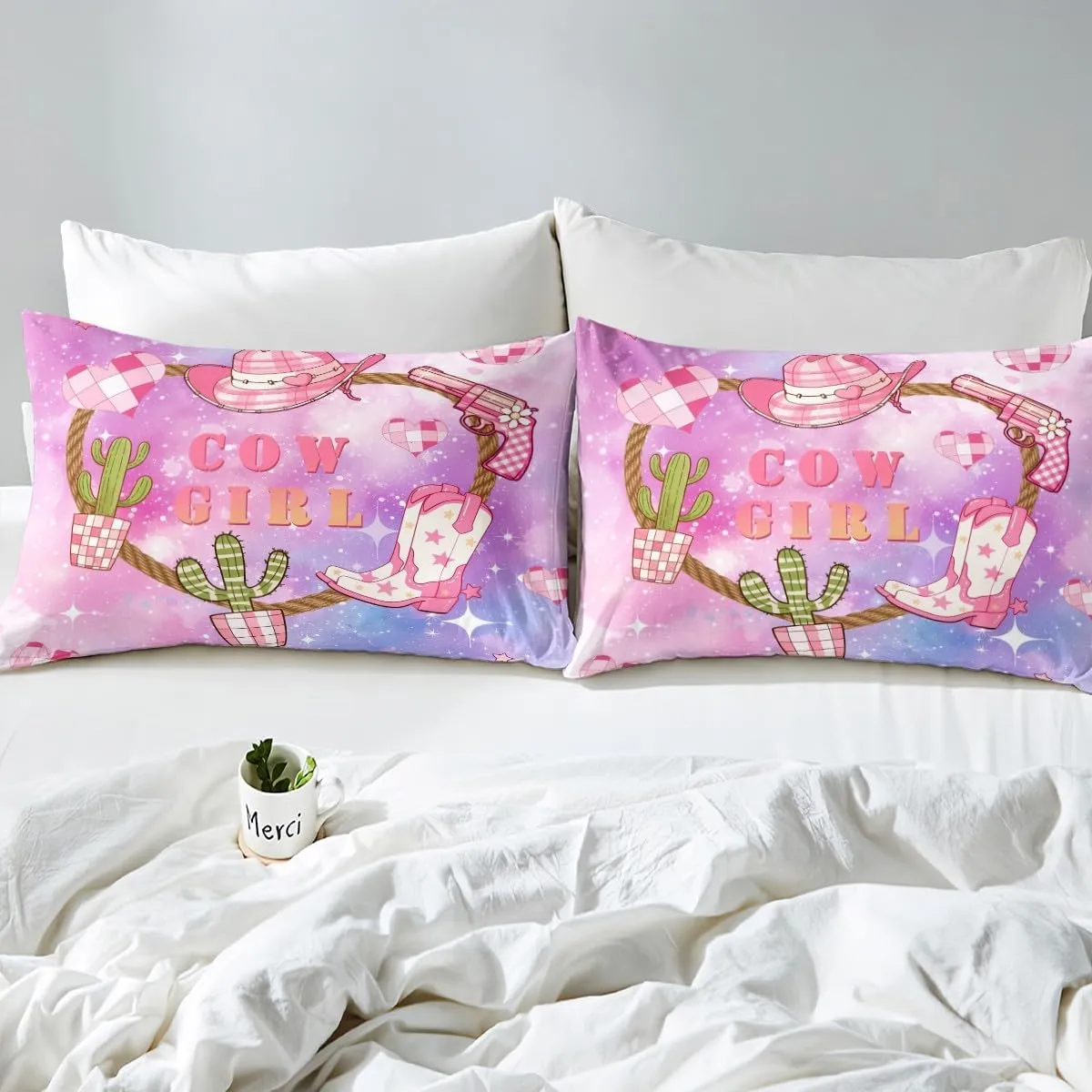 Pink Cowgirl Full Size Duvet Cover Set,Western Cowboy Hat Boots Print Reversible Comforter Cover with 2 Pillowcases,Purple Blue Starry Nebula Galaxy Breathable Bedding Set (Not Comforter)
