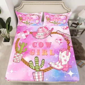 Pink Cowgirl Mattress Cover Queen Size,Western Cowboy Hat Boots Print Fitted Sheet with 2 Pillowcases,Purple Blue Starry Nebula Galaxy Polyester Mattress Protector for Kids,(No Top Sheet)
