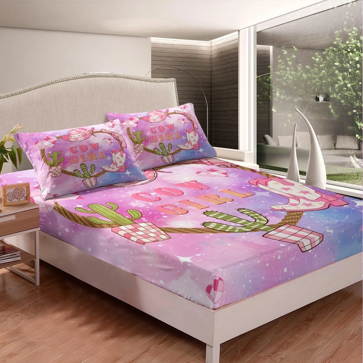 Pink Cowgirl Mattress Cover Queen Size,Western Cowboy Hat Boots Print Fitted Sheet with 2 Pillowcases,Purple Blue Starry Nebula Galaxy Polyester Mattress Protector for Kids,(No Top Sheet)