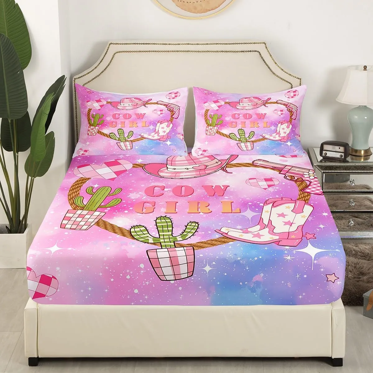Pink Cowgirl Mattress Cover Queen Size,Western Cowboy Hat Boots Print Fitted Sheet with 2 Pillowcases,Purple Blue Starry Nebula Galaxy Polyester Mattress Protector for Kids,(No Top Sheet)