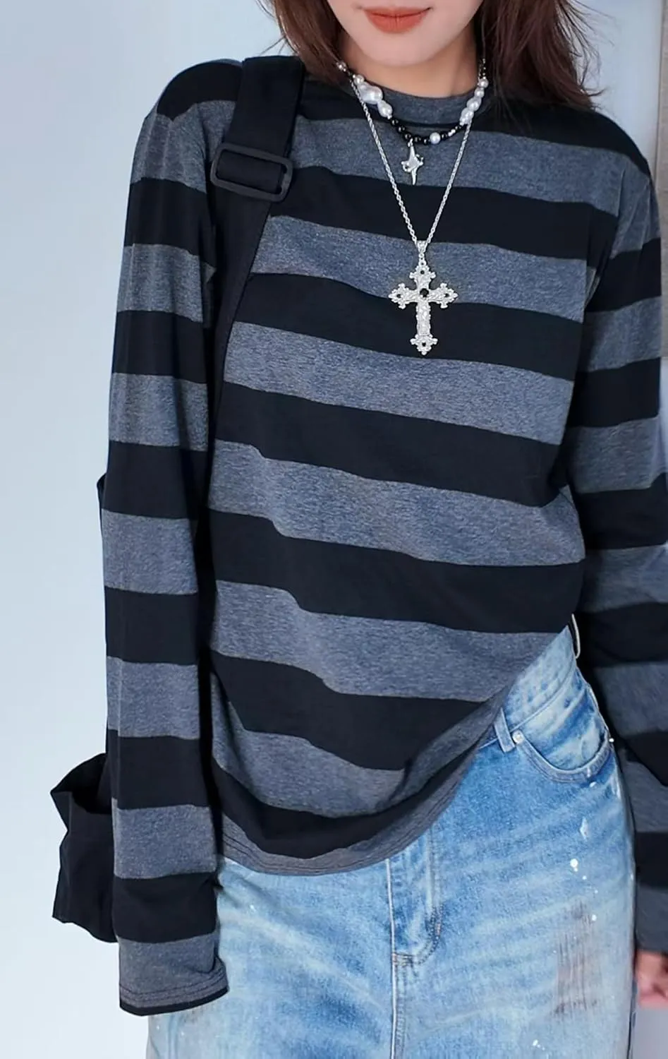 Pooyikoi Y2K Pullover T-Shirts Women Contrast Patchwork Grunge Harajuku Clothes Full Sleeve Preppy Long Sweats Tops