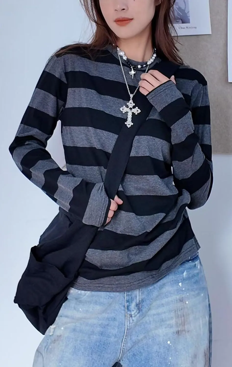 Pooyikoi Y2K Pullover T-Shirts Women Contrast Patchwork Grunge Harajuku Clothes Full Sleeve Preppy Long Sweats Tops