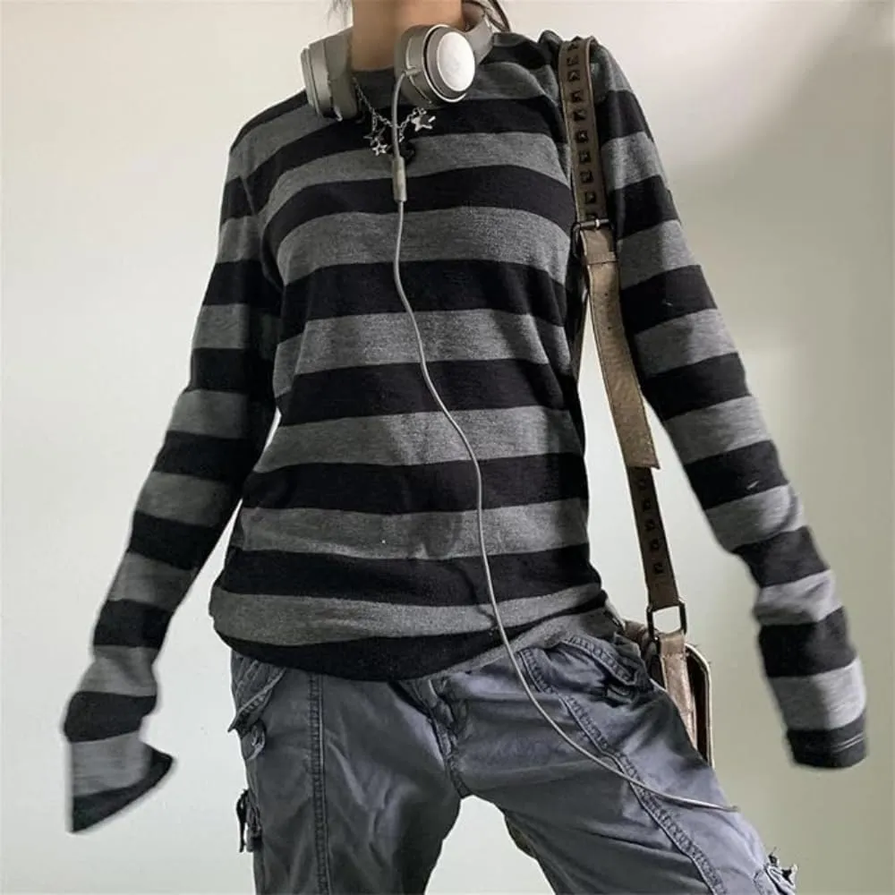 Pooyikoi Y2K Pullover T-Shirts Women Contrast Patchwork Grunge Harajuku Clothes Full Sleeve Preppy Long Sweats Tops