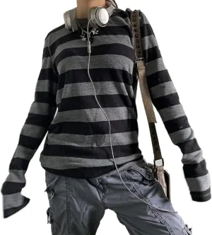 Pooyikoi Y2K Pullover T-Shirts Women Contrast Patchwork Grunge Harajuku Clothes Full Sleeve Preppy Long Sweats Tops