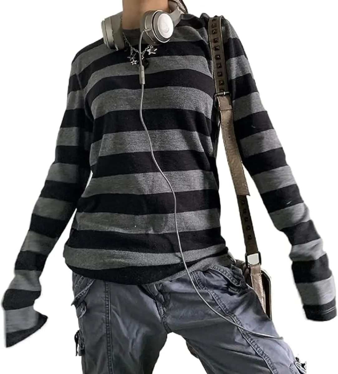 Pooyikoi Y2K Pullover T-Shirts Women Contrast Patchwork Grunge Harajuku Clothes Full Sleeve Preppy Long Sweats Tops