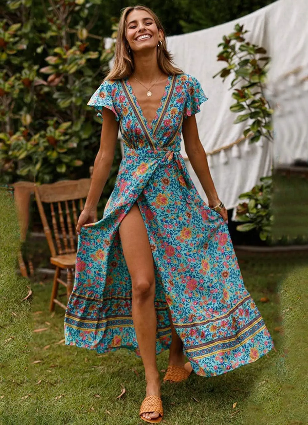 PRETTYGARDEN Women Boho Summer Side Split Deep V Neck Short Sleeves Maxi Dress with Belt