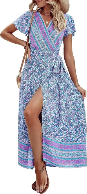 PRETTYGARDEN Women Boho Summer Side Split Deep V Neck Short Sleeves Maxi Dress with Belt