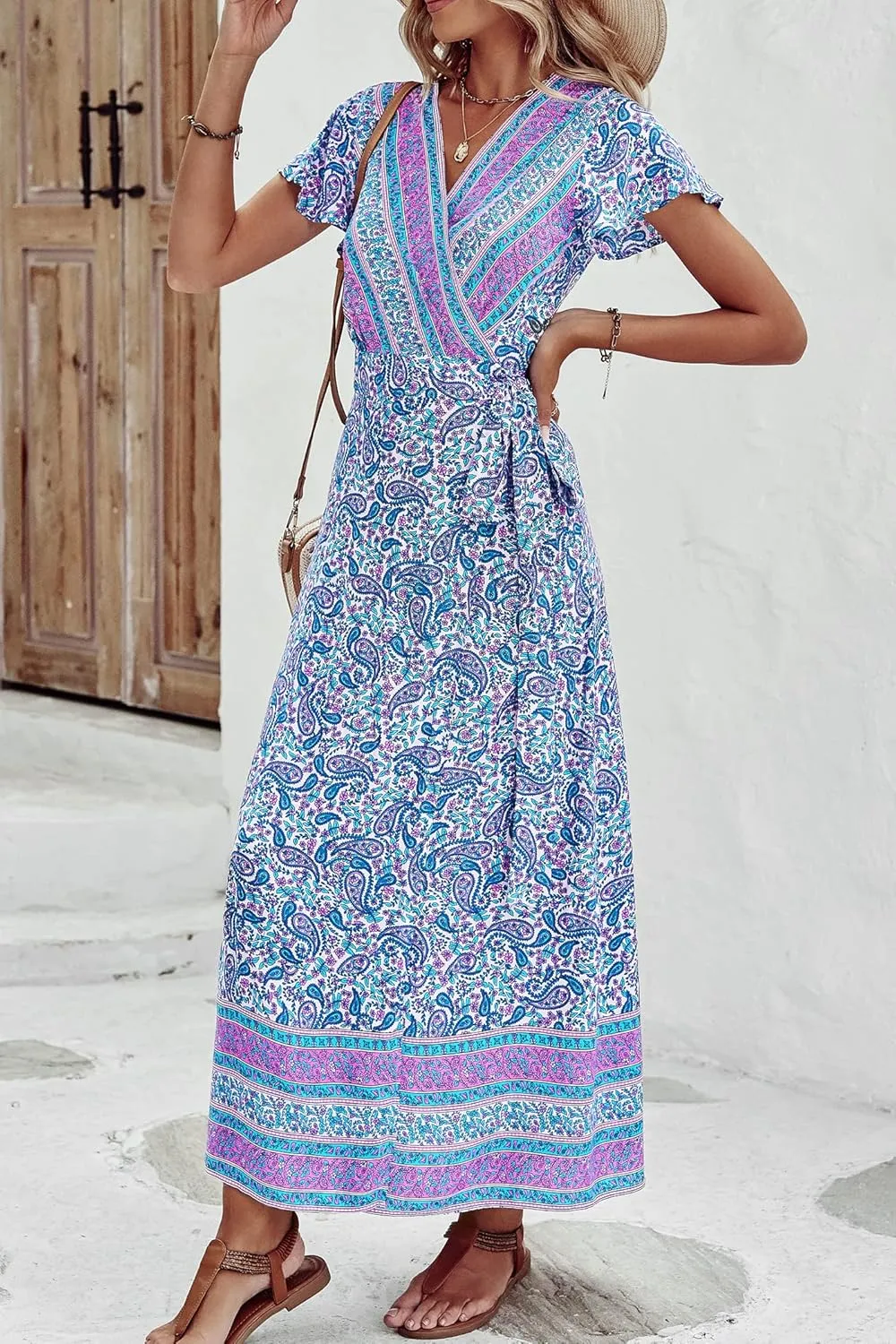 PRETTYGARDEN Women Boho Summer Side Split Deep V Neck Short Sleeves Maxi Dress with Belt