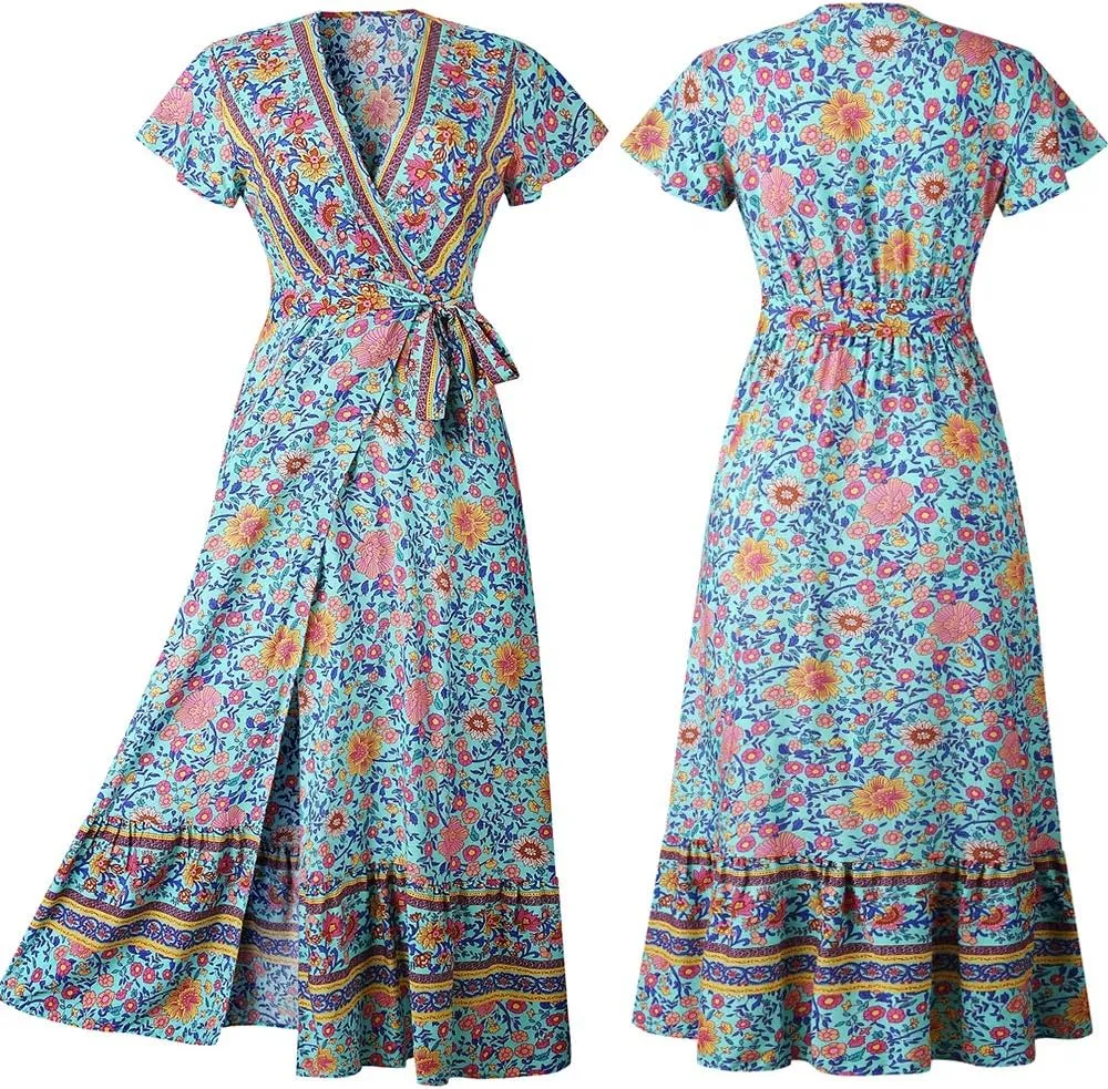 PRETTYGARDEN Women Boho Summer Side Split Deep V Neck Short Sleeves Maxi Dress with Belt