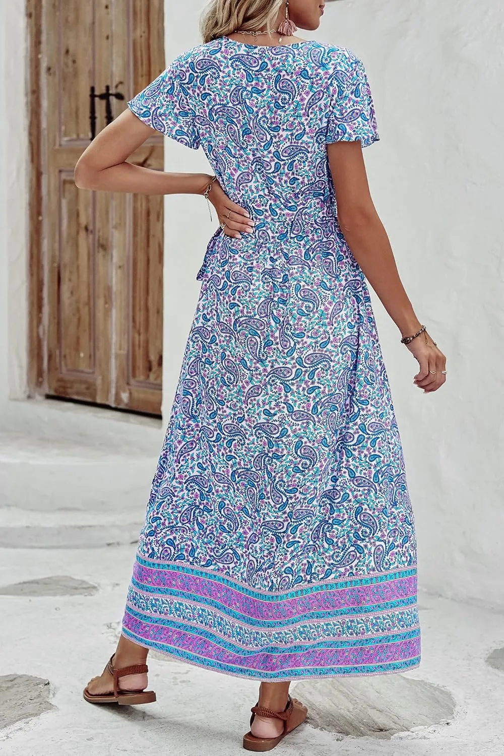 PRETTYGARDEN Women Boho Summer Side Split Deep V Neck Short Sleeves Maxi Dress with Belt
