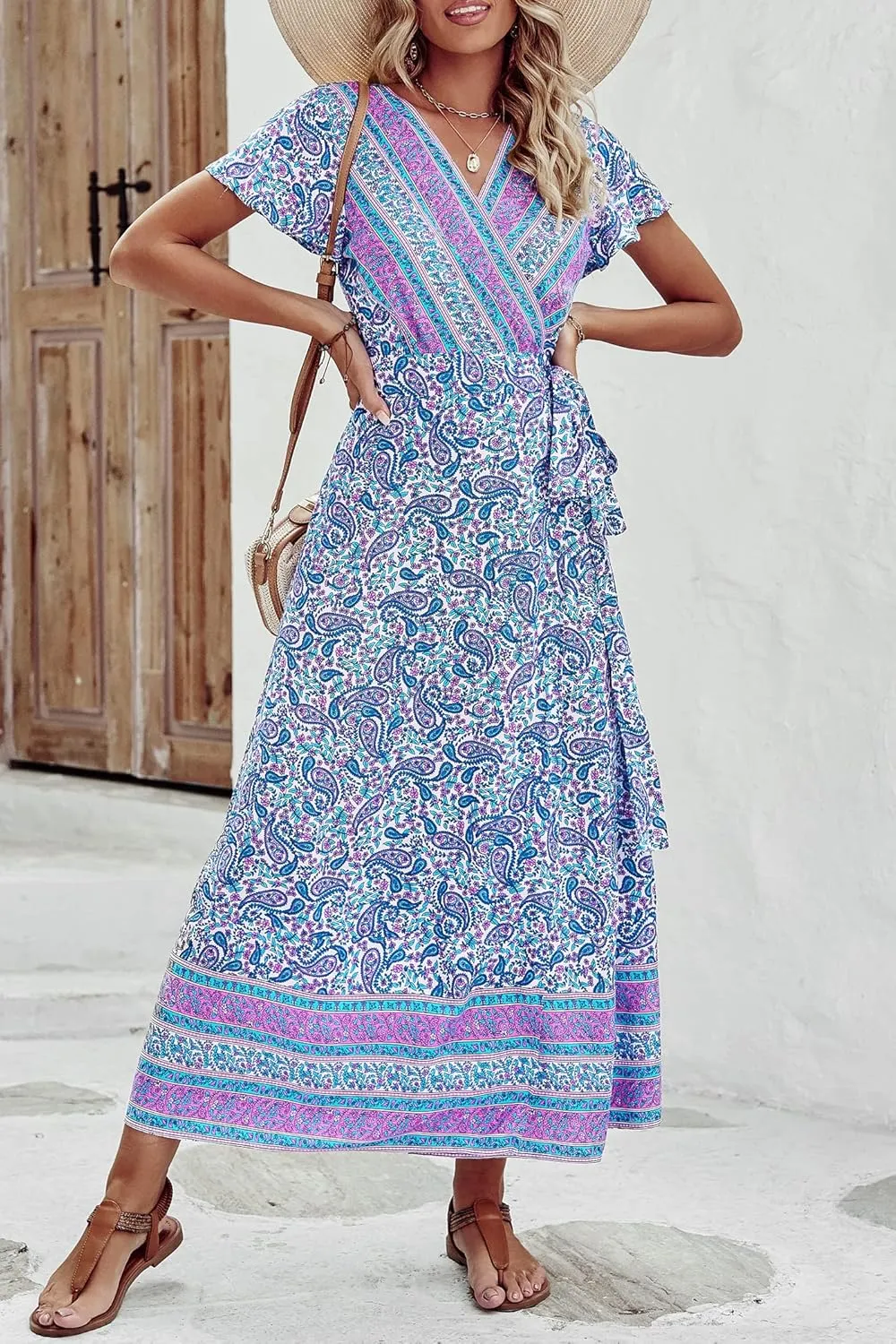 PRETTYGARDEN Women Boho Summer Side Split Deep V Neck Short Sleeves Maxi Dress with Belt
