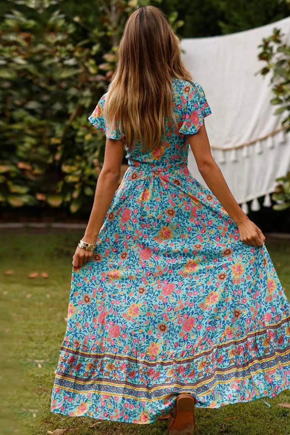 PRETTYGARDEN Women Boho Summer Side Split Deep V Neck Short Sleeves Maxi Dress with Belt
