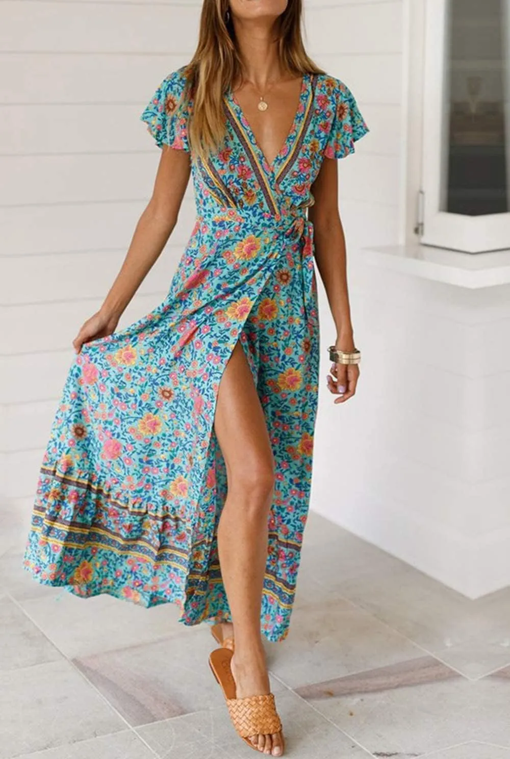 PRETTYGARDEN Women Boho Summer Side Split Deep V Neck Short Sleeves Maxi Dress with Belt