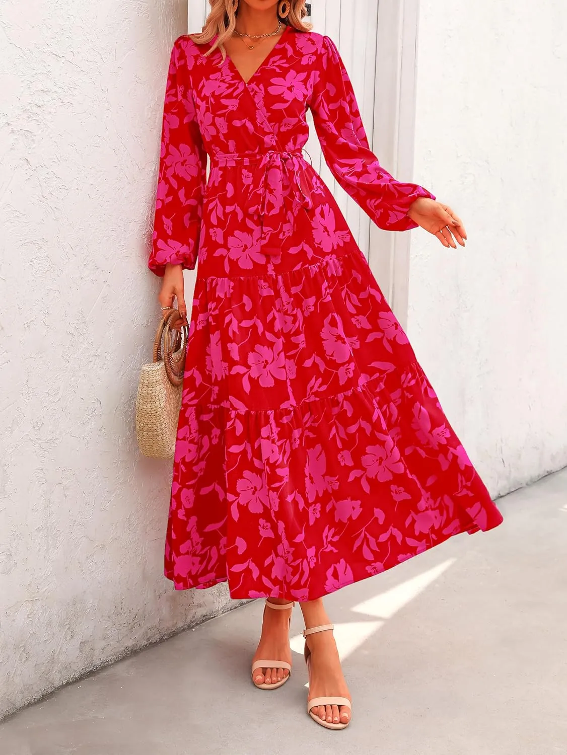 PRETTYGARDEN Womens Spring Long Sleeve Wrap V Neck Ruffle Floral Maxi Dress Casual Tie Waist Boho Chiffon Flowy Long Dresses