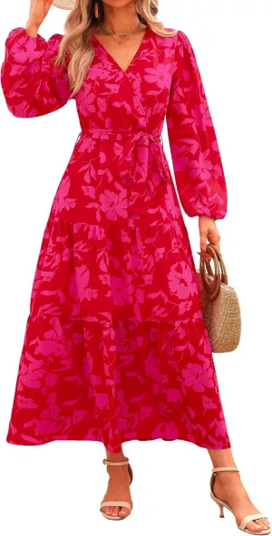 PRETTYGARDEN Womens Spring Long Sleeve Wrap V Neck Ruffle Floral Maxi Dress Casual Tie Waist Boho Chiffon Flowy Long Dresses