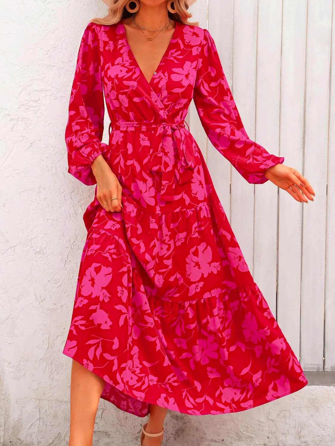 PRETTYGARDEN Womens Spring Long Sleeve Wrap V Neck Ruffle Floral Maxi Dress Casual Tie Waist Boho Chiffon Flowy Long Dresses