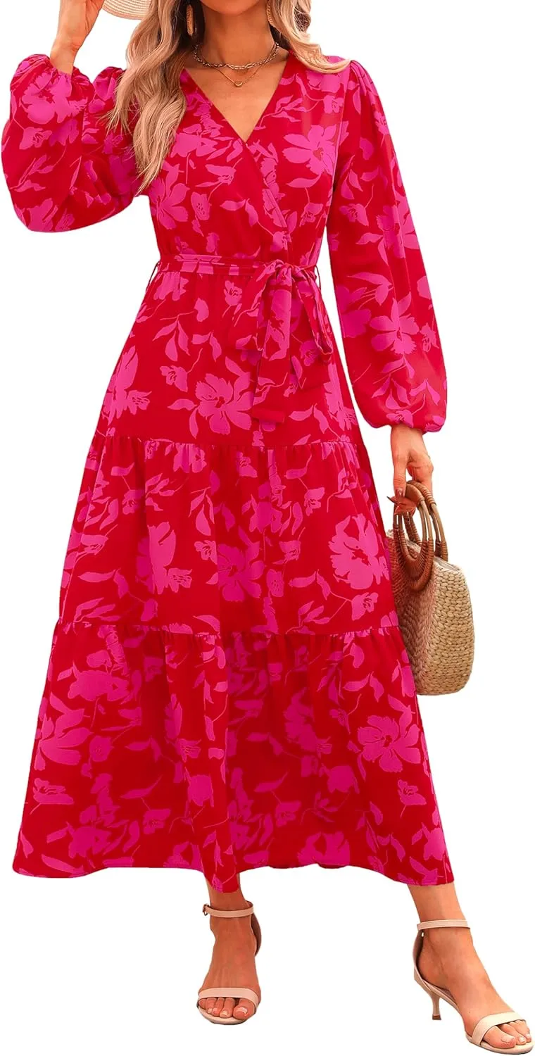 PRETTYGARDEN Womens Spring Long Sleeve Wrap V Neck Ruffle Floral Maxi Dress Casual Tie Waist Boho Chiffon Flowy Long Dresses
