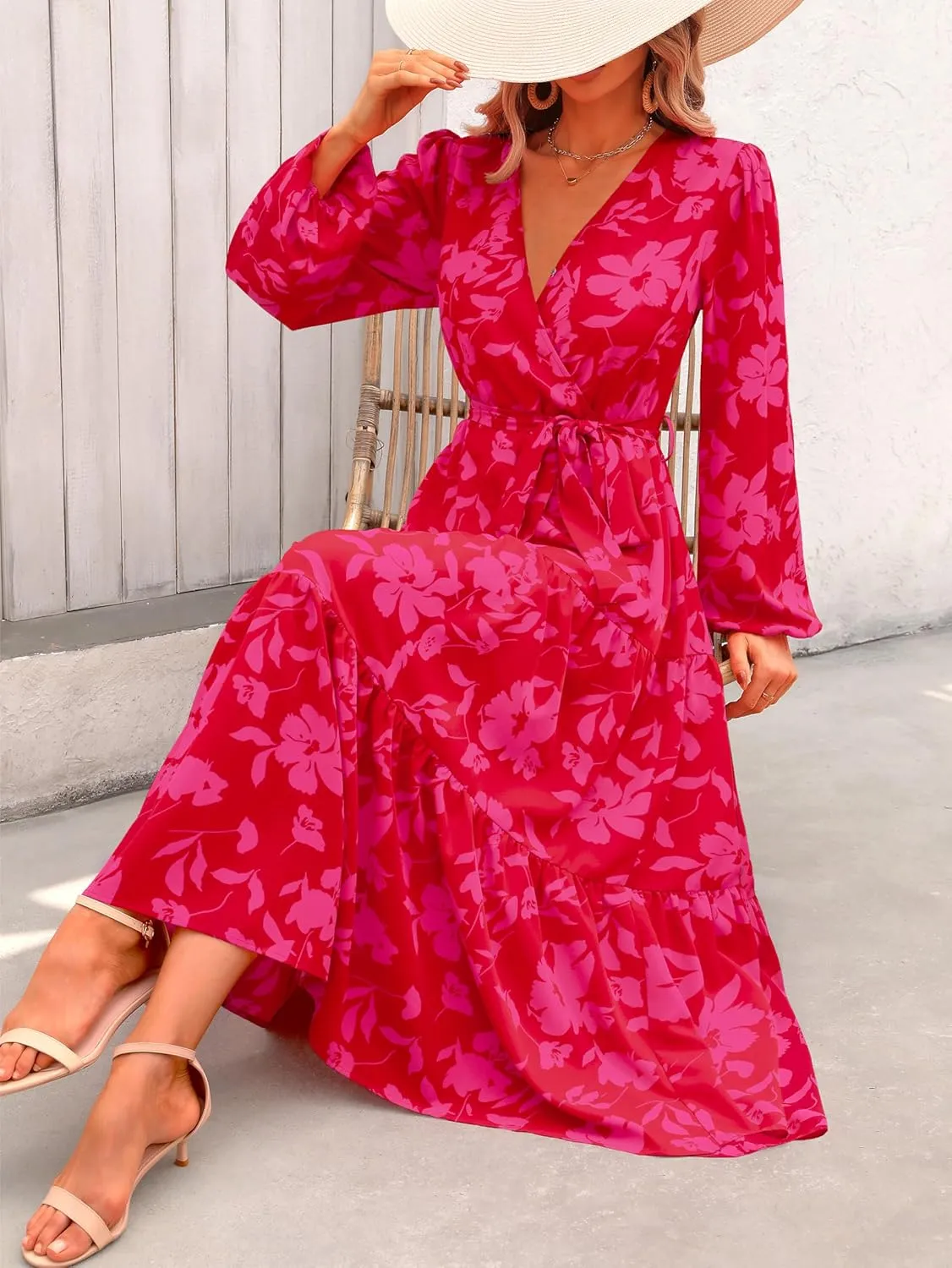 PRETTYGARDEN Womens Spring Long Sleeve Wrap V Neck Ruffle Floral Maxi Dress Casual Tie Waist Boho Chiffon Flowy Long Dresses