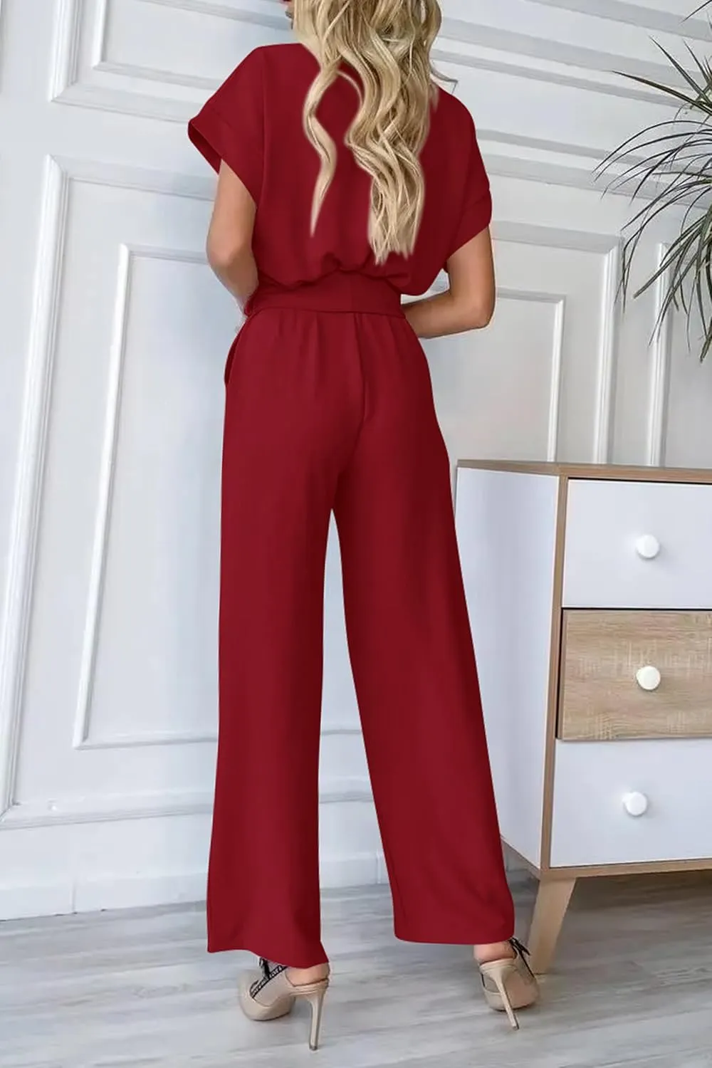PRETTYGARDEN Women's Summer One Piece Jumpsuits Belted Short Sleeve Wrap V Neck Fashion Dressy Casual Wide Leg Pants Romper