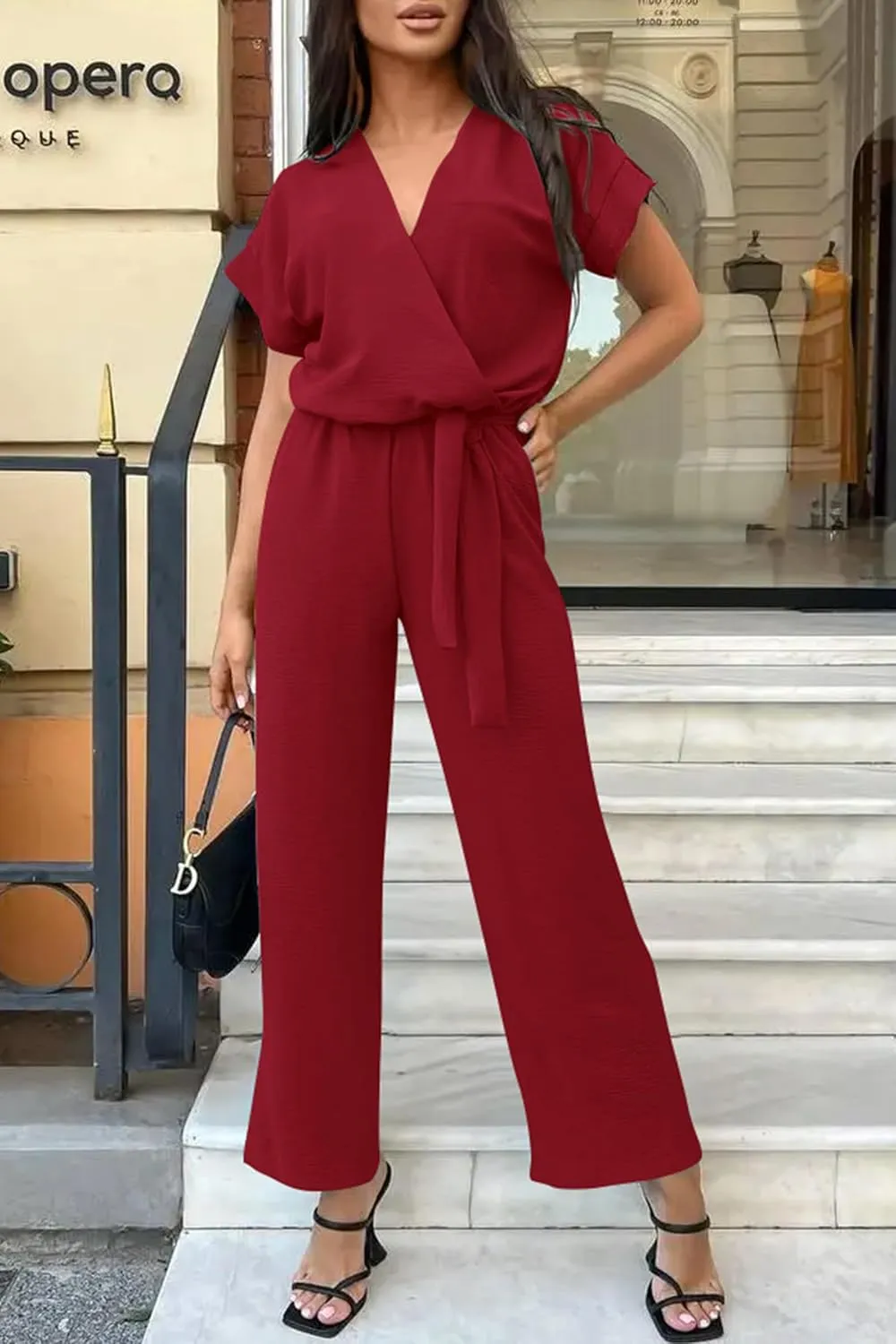 PRETTYGARDEN Women's Summer One Piece Jumpsuits Belted Short Sleeve Wrap V Neck Fashion Dressy Casual Wide Leg Pants Romper