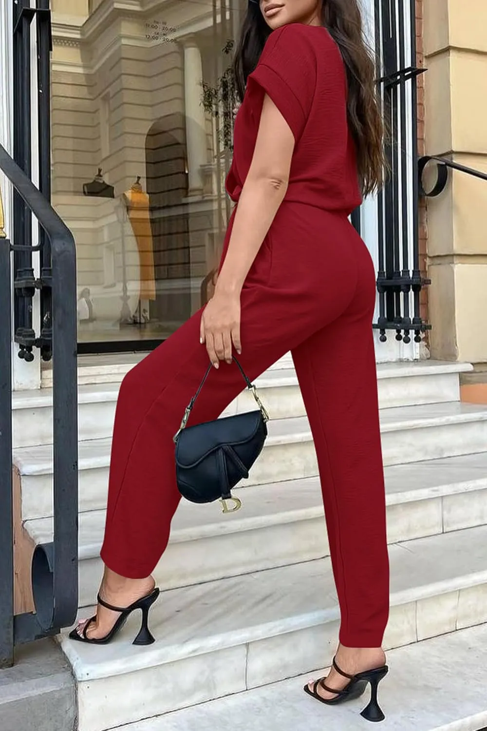 PRETTYGARDEN Women's Summer One Piece Jumpsuits Belted Short Sleeve Wrap V Neck Fashion Dressy Casual Wide Leg Pants Romper