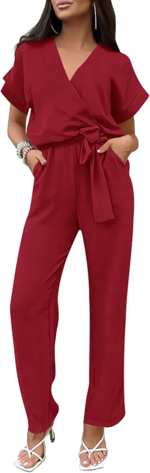 PRETTYGARDEN Women's Summer One Piece Jumpsuits Belted Short Sleeve Wrap V Neck Fashion Dressy Casual Wide Leg Pants Romper