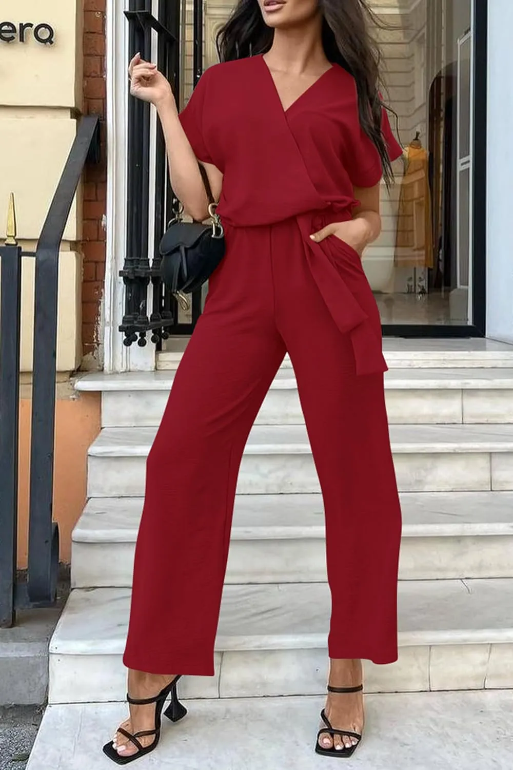 PRETTYGARDEN Women's Summer One Piece Jumpsuits Belted Short Sleeve Wrap V Neck Fashion Dressy Casual Wide Leg Pants Romper