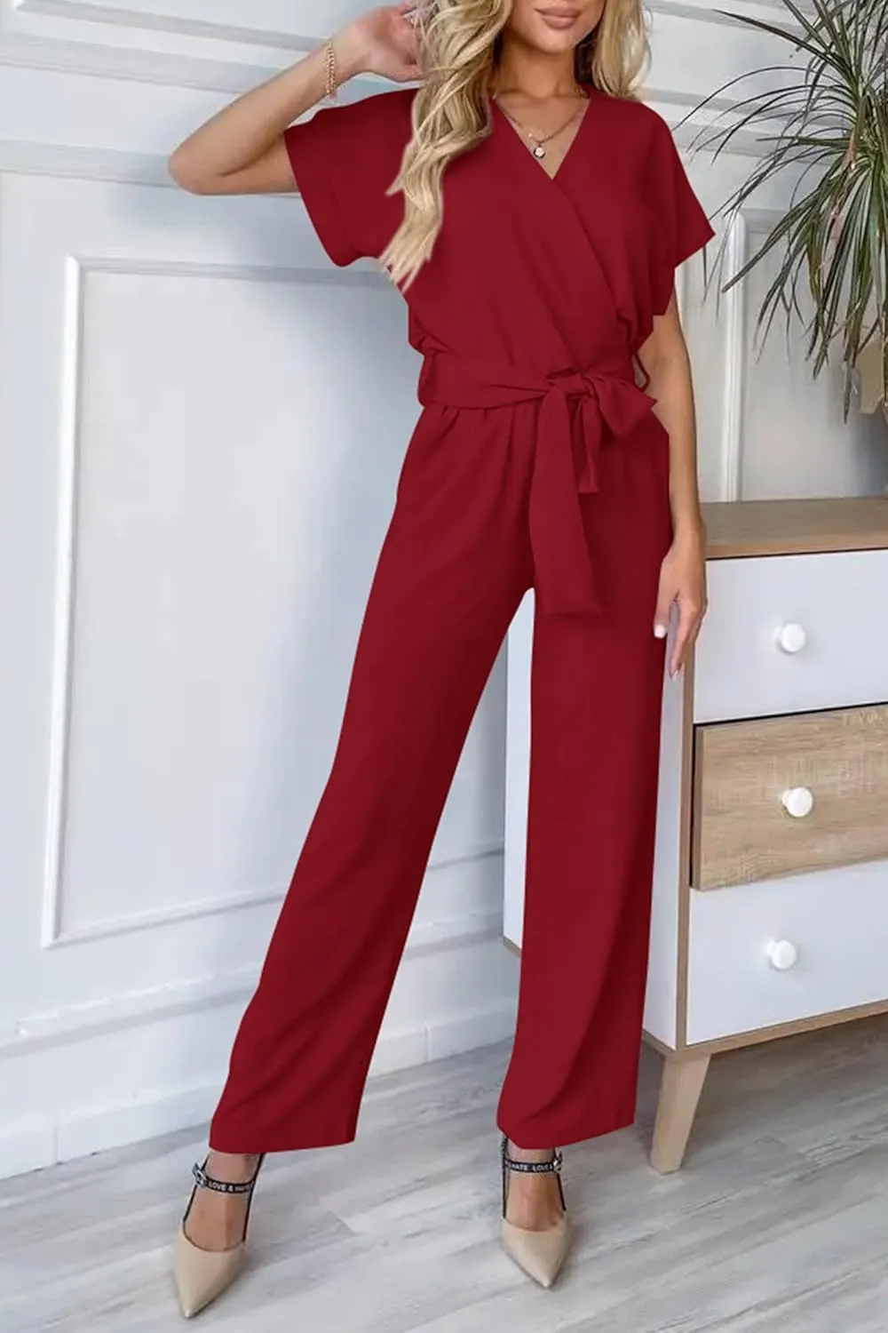 PRETTYGARDEN Women's Summer One Piece Jumpsuits Belted Short Sleeve Wrap V Neck Fashion Dressy Casual Wide Leg Pants Romper