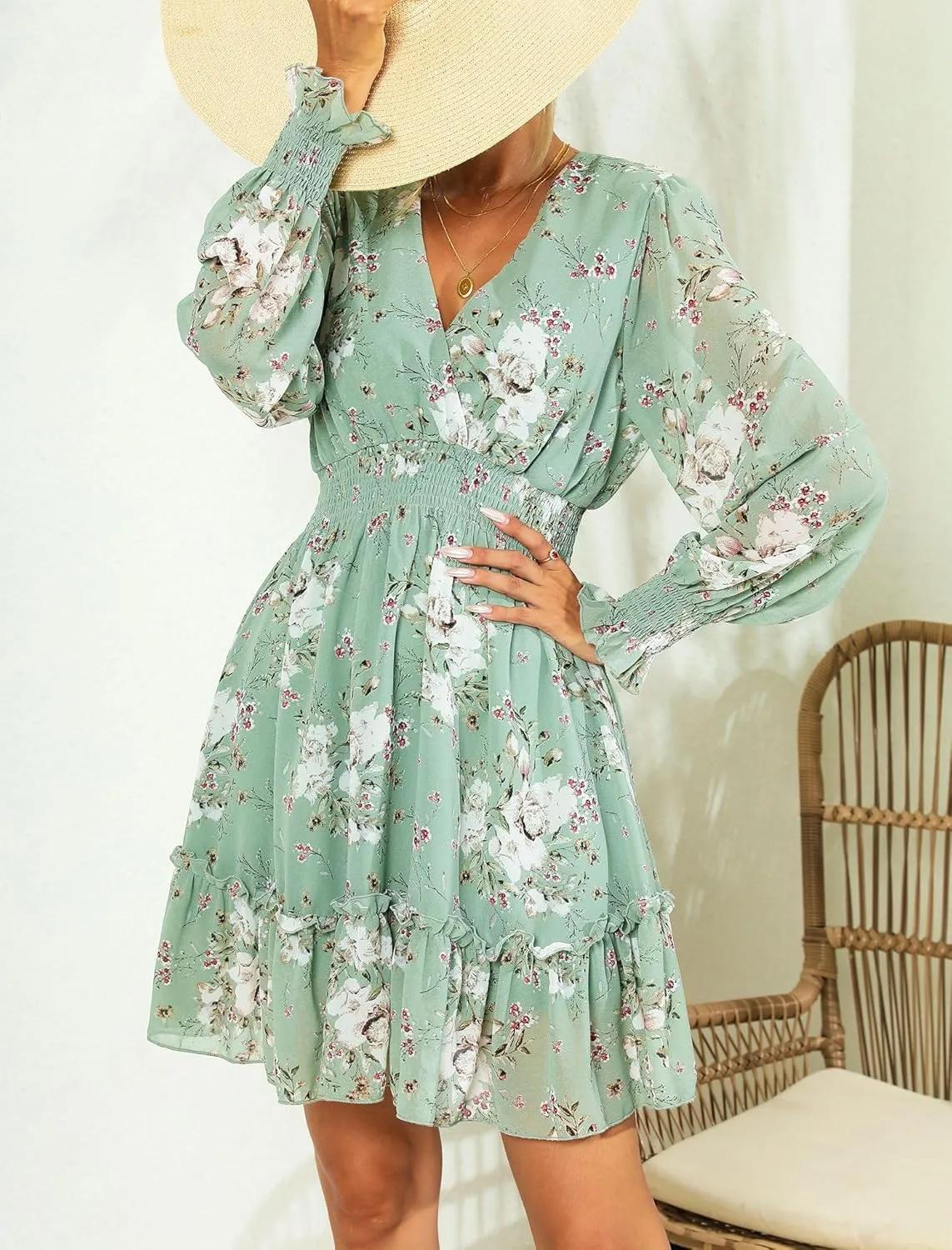 Prettywear Women's Floral Chiffon Long Sleeve Mini Dress Flowy A-Line Wrap Neck Tie Back Short Dress