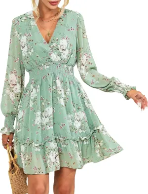 Prettywear Women's Floral Chiffon Long Sleeve Mini Dress Flowy A-Line Wrap Neck Tie Back Short Dress
