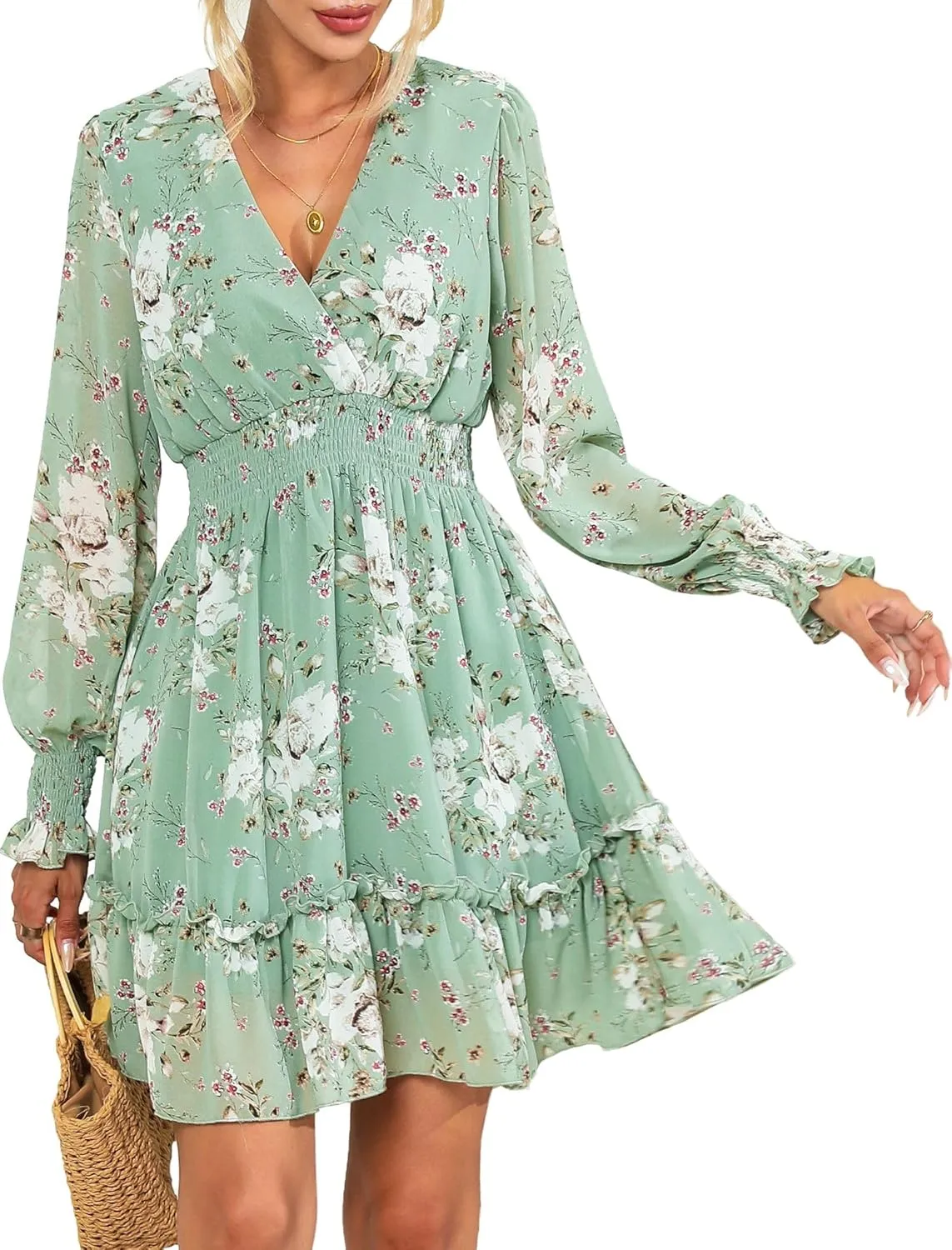 Prettywear Women's Floral Chiffon Long Sleeve Mini Dress Flowy A-Line Wrap Neck Tie Back Short Dress
