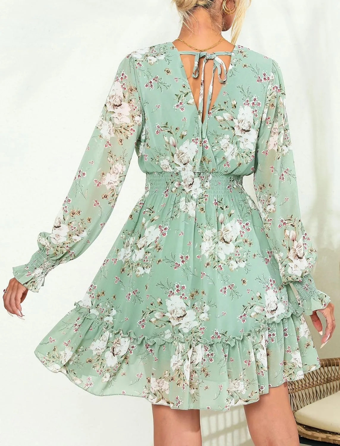 Prettywear Women's Floral Chiffon Long Sleeve Mini Dress Flowy A-Line Wrap Neck Tie Back Short Dress