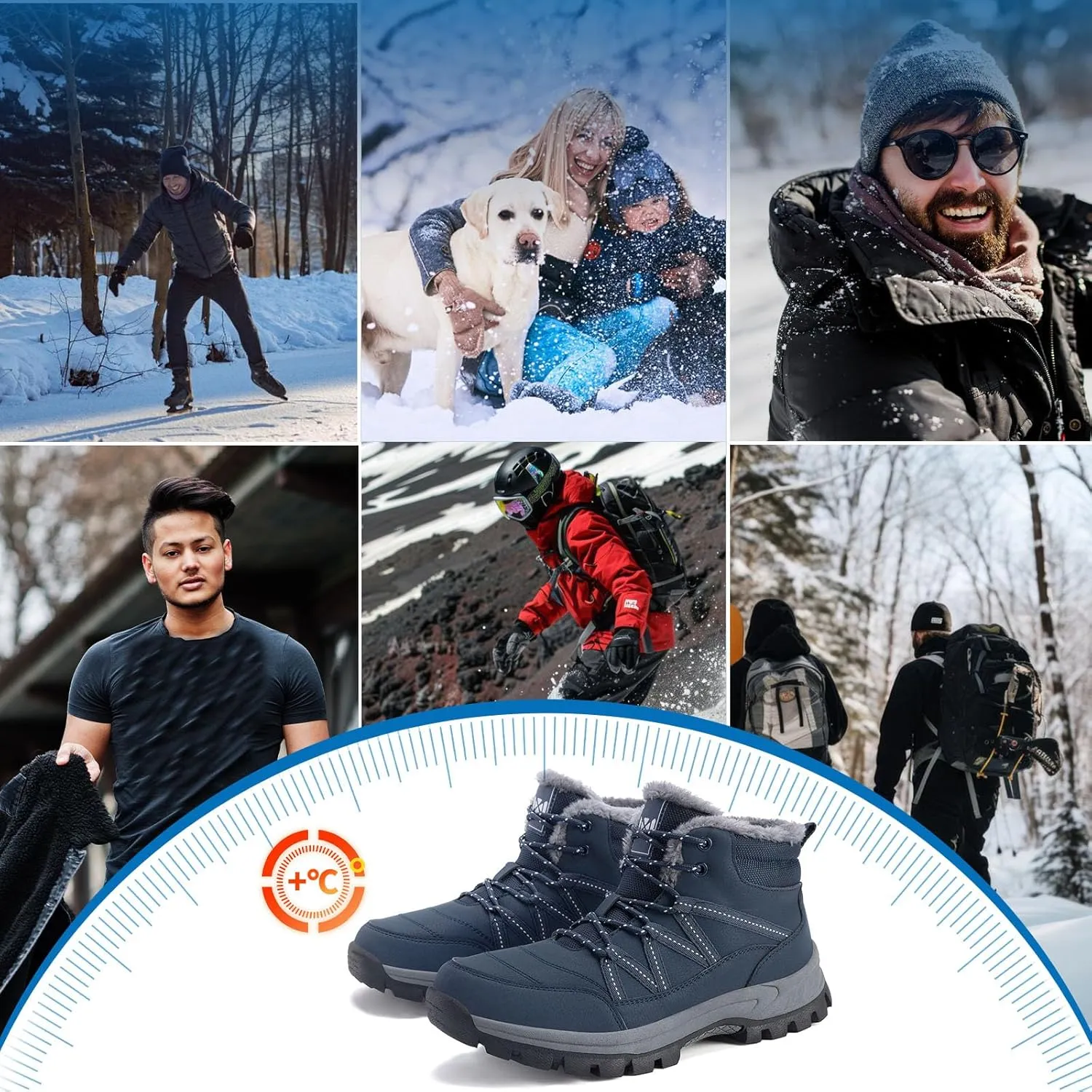 Qiucdzi Winter Boots for Men Snow Boots with Warm Fur Lined Anti-Slip Hiking Booties Comfort Walking Trekking Shoes for Outdoor