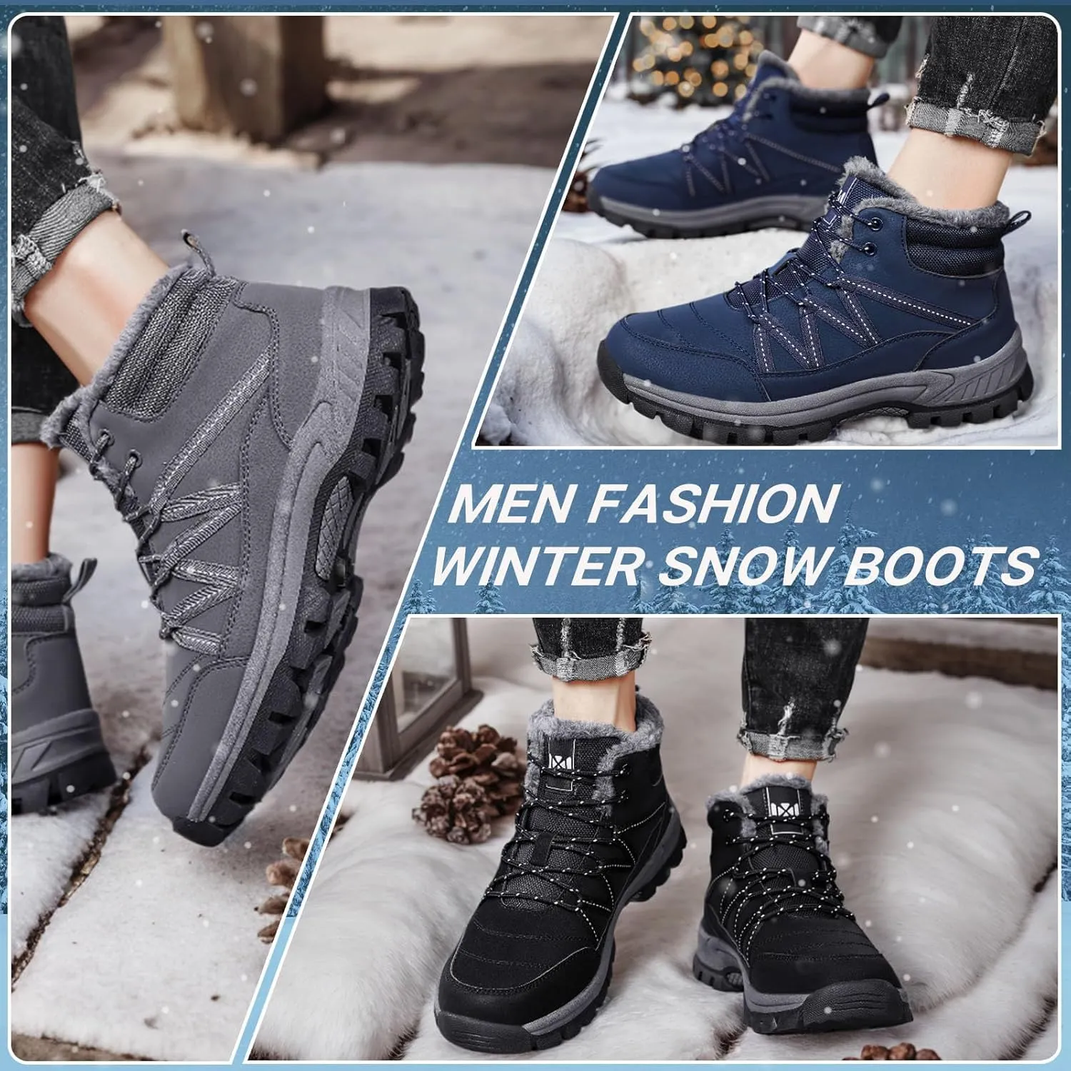 Qiucdzi Winter Boots for Men Snow Boots with Warm Fur Lined Anti-Slip Hiking Booties Comfort Walking Trekking Shoes for Outdoor