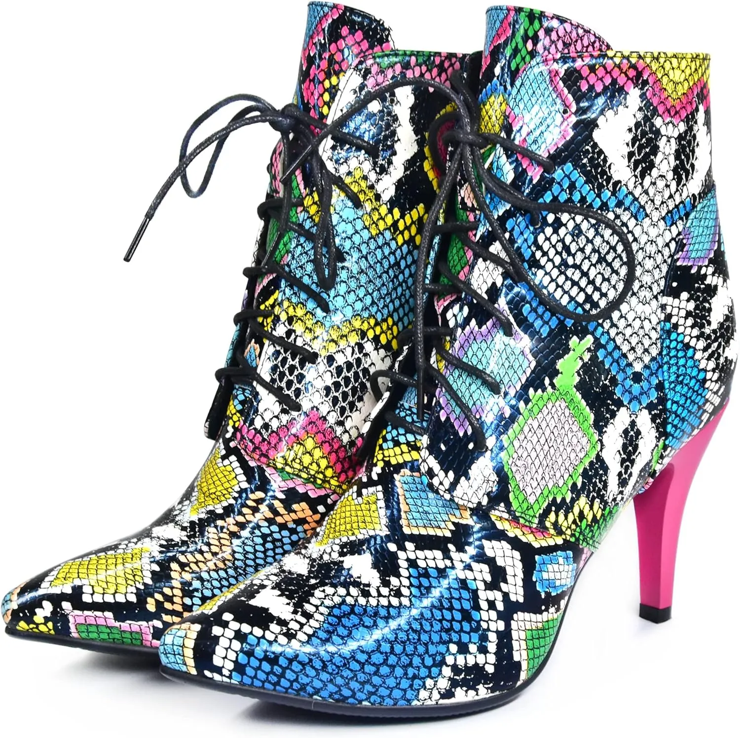 Quimeir Women's Sexy Stilettos Snakeskin Ankle Booties, Pointed Toe Lace Up High Heeled Boots