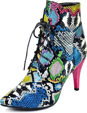 Quimeir Women's Sexy Stilettos Snakeskin Ankle Booties, Pointed Toe Lace Up High Heeled Boots