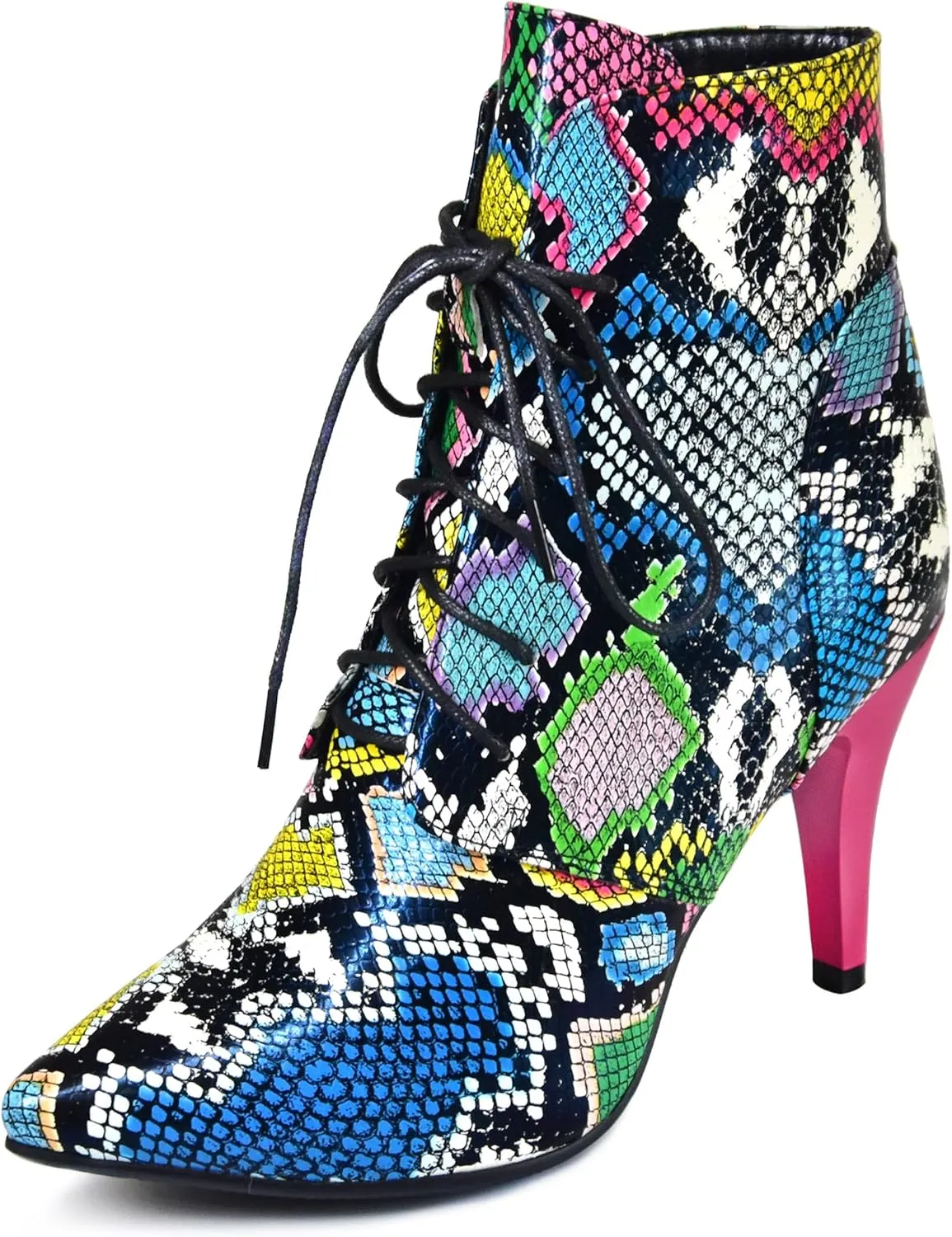 Quimeir Women's Sexy Stilettos Snakeskin Ankle Booties, Pointed Toe Lace Up High Heeled Boots