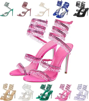 Rhinestone Tassel Wrap Around Stiletto Heels for Women Colorful Crystal Lace Up Stilettos Open Toe Tassel High Heeled Sandals for Prom, Wedding, Party