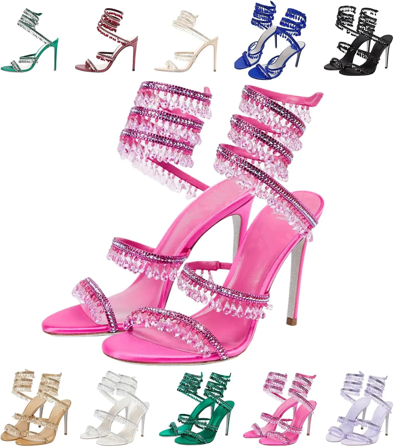 Rhinestone Tassel Wrap Around Stiletto Heels for Women Colorful Crystal Lace Up Stilettos Open Toe Tassel High Heeled Sandals for Prom, Wedding, Party
