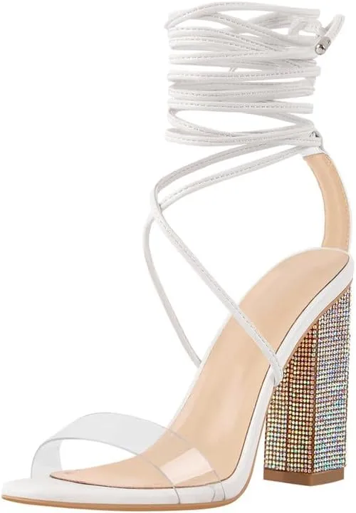 Richealnana Women's Rhinestones Block Heel Lace Up Ankle Wrap Heeled Sandals