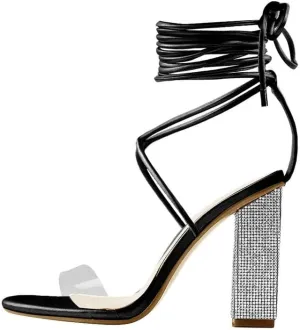 Richealnana Women's Rhinestones Block Heel Lace Up Ankle Wrap Heeled Sandals