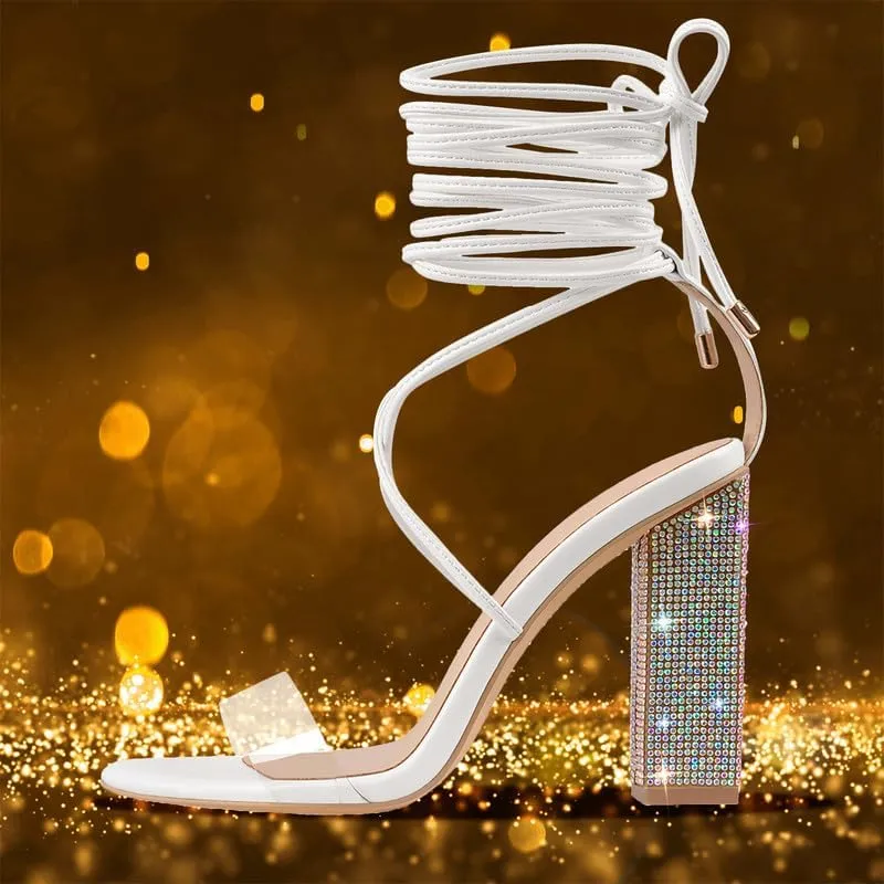 Richealnana Women's Rhinestones Block Heel Lace Up Ankle Wrap Heeled Sandals