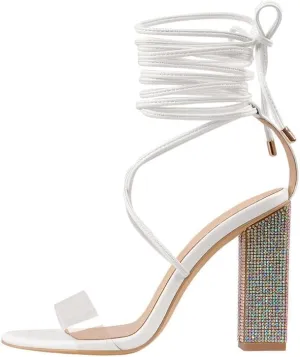 Richealnana Women's Rhinestones Block Heel Lace Up Ankle Wrap Heeled Sandals